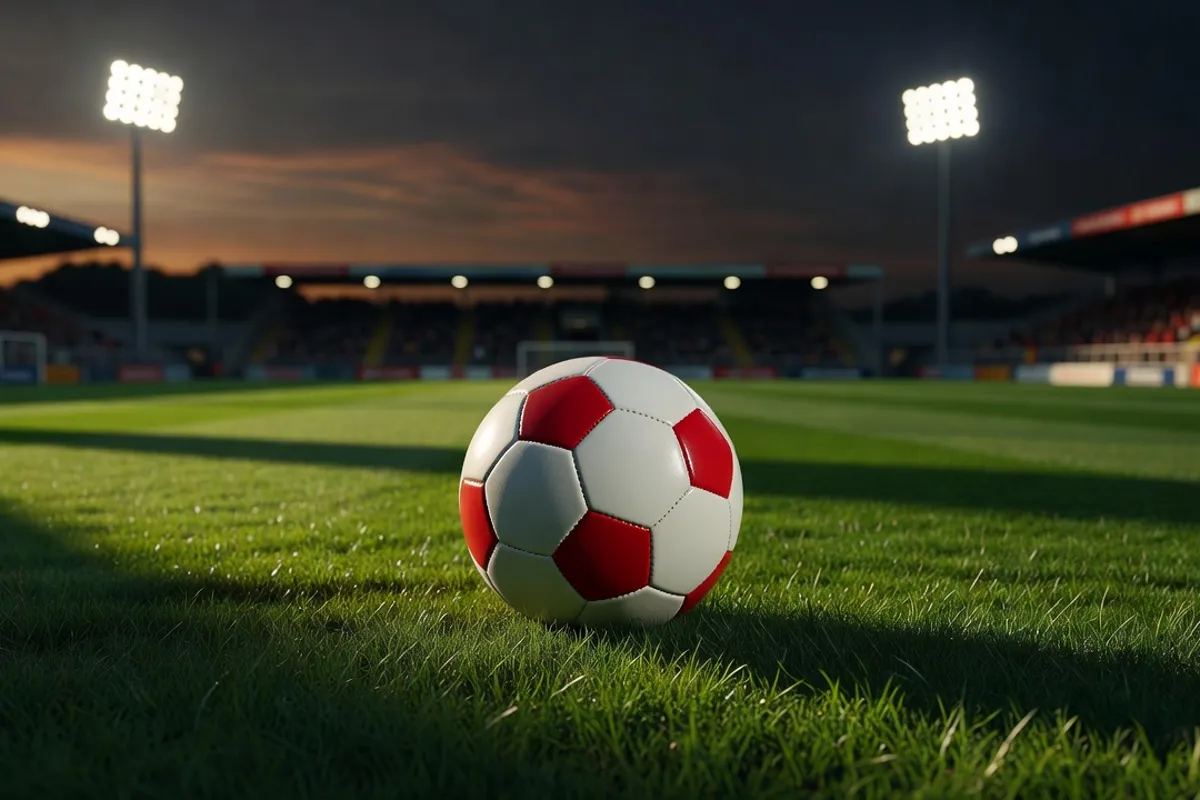 Un ballon de football posé sur une pelouse verte impeccable sous un ciel dégagé, ambiance match européen de soirée
