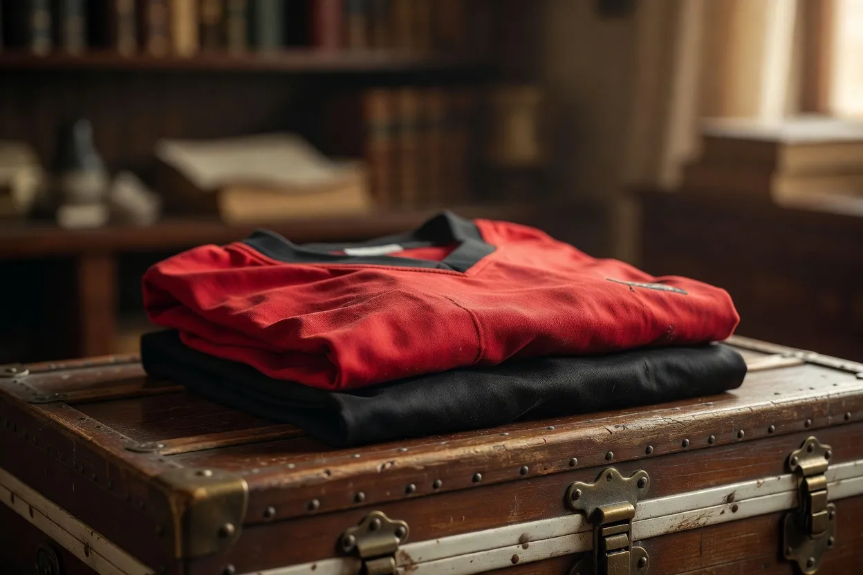 Un vieux maillot de football rouge et noir plié sur une malle en bois d'époque, lumière tamisée