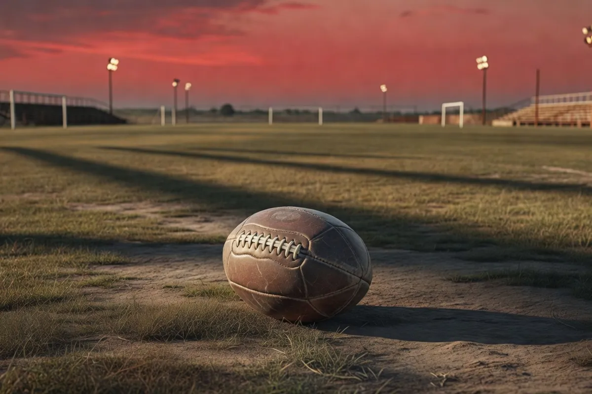 Un vieux ballon de football en cuir posé sur un terrain d'entraînement vide, lumière de fin de journée, ambiance années 1940
