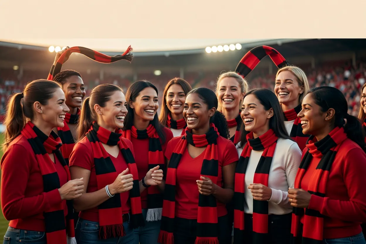 Un groupe de supportrices souriantes discutant ensemble avant un match, écharpes rouge et noire, ambiance solidaire