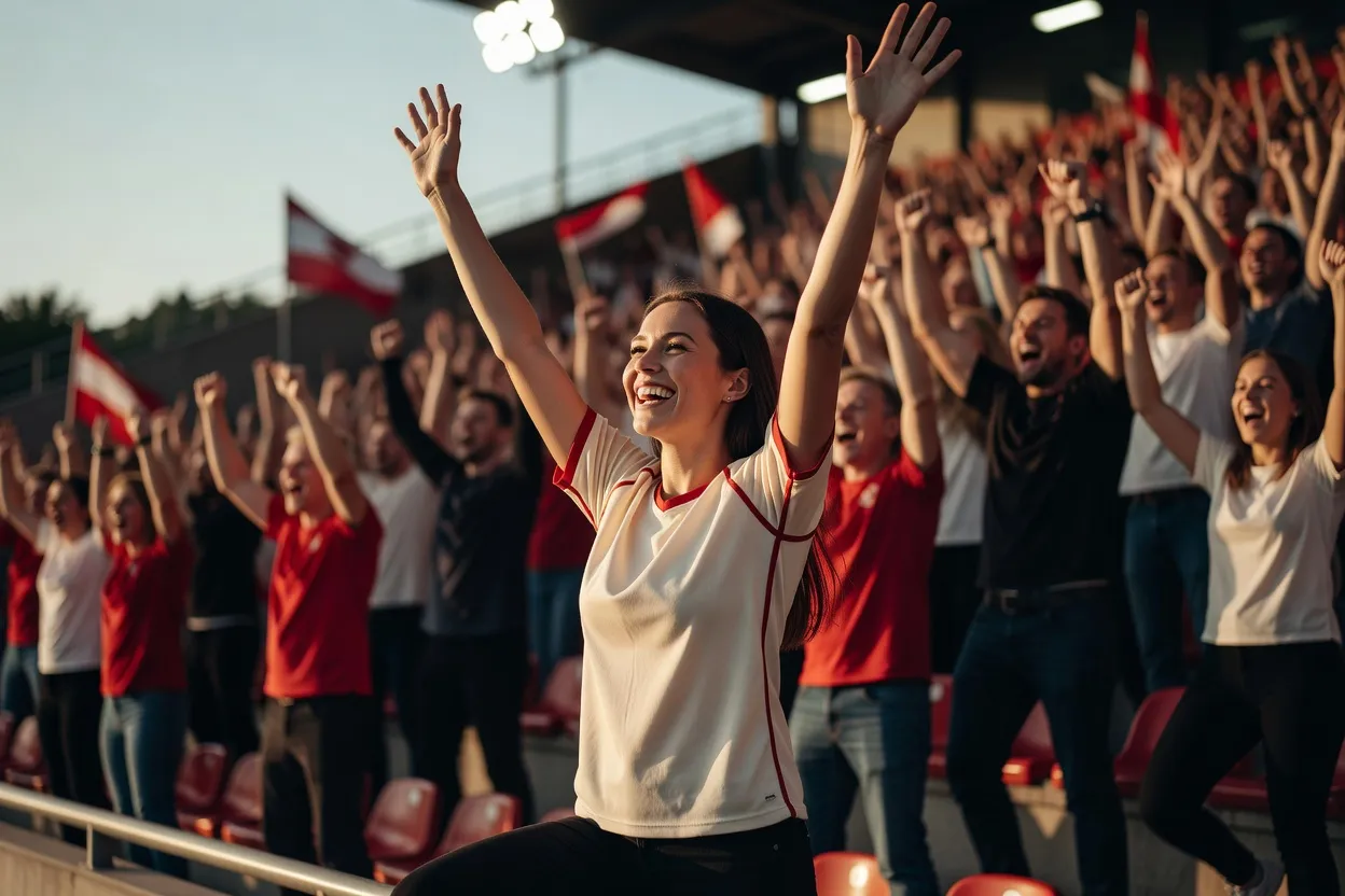 Une supportrice célibataire souriante lève les bras en signe de joie après un but, tribune animée en arrière-plan