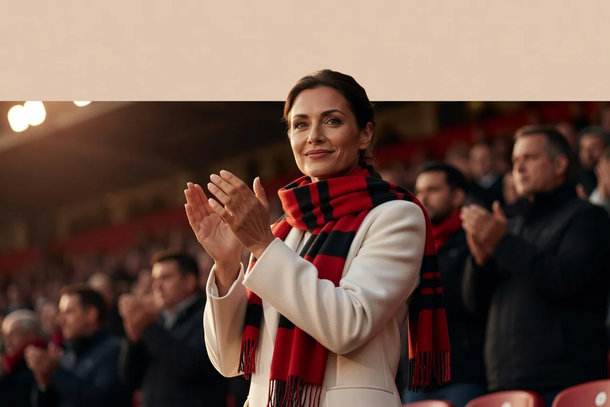 Une supportrice élégante et confiante applaudit dans une tribune, écharpe rouge et noire, ambiance chaleureuse et assurée