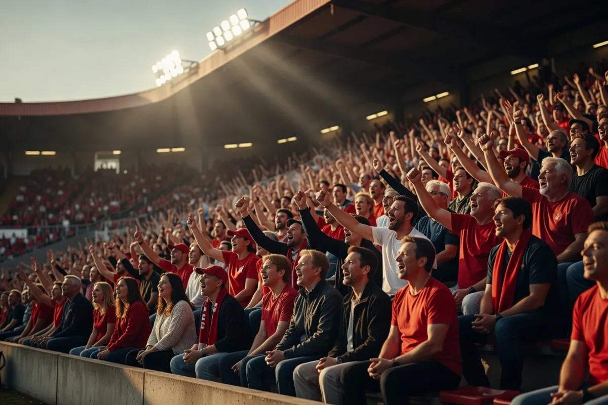 Une tribune de stade vue de l'intérieur, gradins remplis de supporters, lumière des projecteurs, ambiance de match
