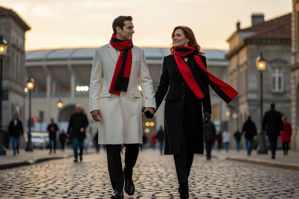 Un couple élégant marche main dans la main dans une rue animée en direction d'un stade, lumière du soir, écharpes rouge et noire