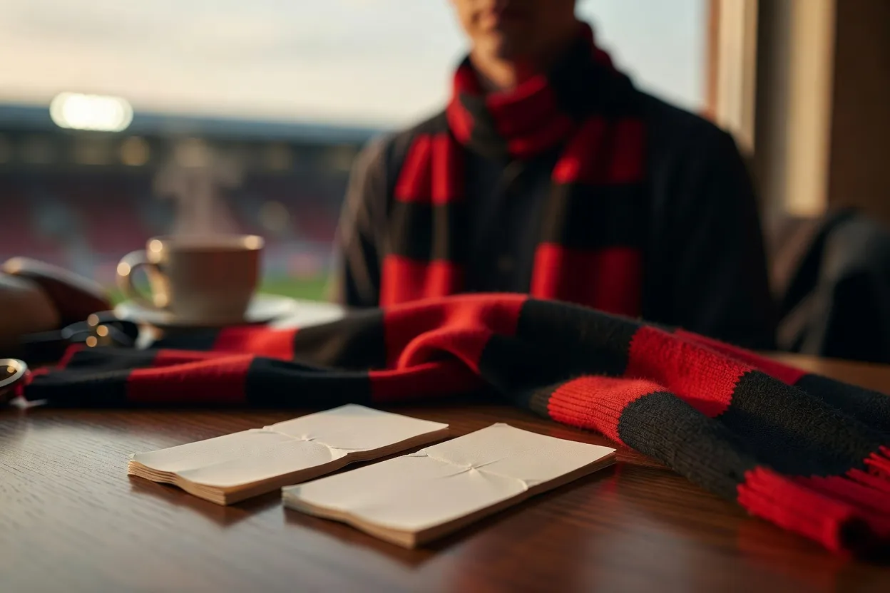 Deux billets de match posés sur une table près d'une écharpe rouge et noire, ambiance préparation de sortie
