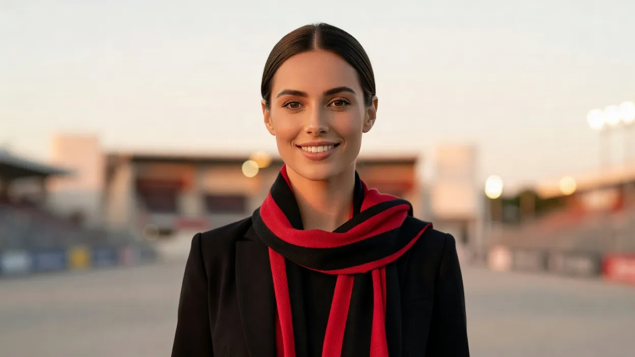 Une rédactrice écrit à son bureau, écharpe rouge et noire posée à côté, lumière chaude