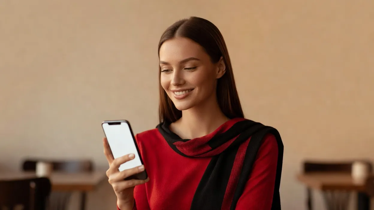 Une supportrice élégante consulte son téléphone en souriant, écharpe rouge et noire, ambiance décontractée