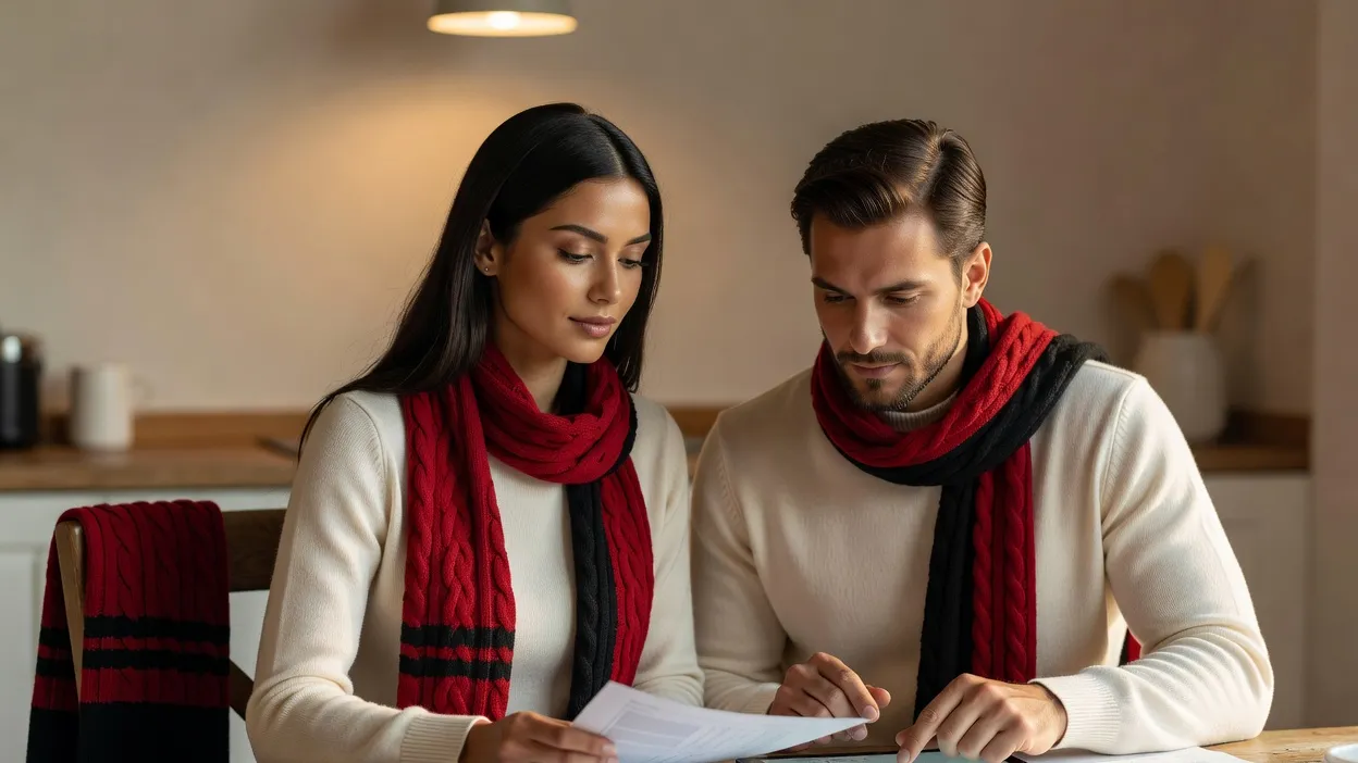 Un couple discute calmement autour d'une table avec des documents et une calculatrice, ambiance sérieuse mais complice