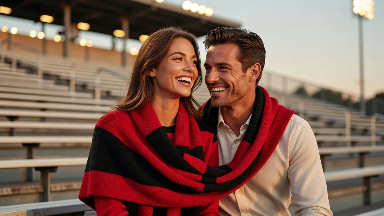 Un couple élégant partage un moment complice, écharpe rouge et noire autour du cou, devant un écran de match