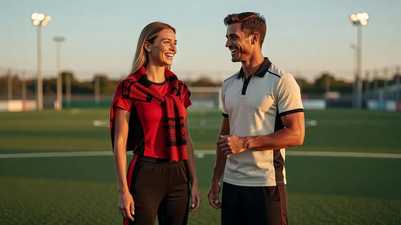 Un groupe mixte de jeunes adultes souriants sur un terrain de foot à cinq en salle, ambiance sportive et conviviale