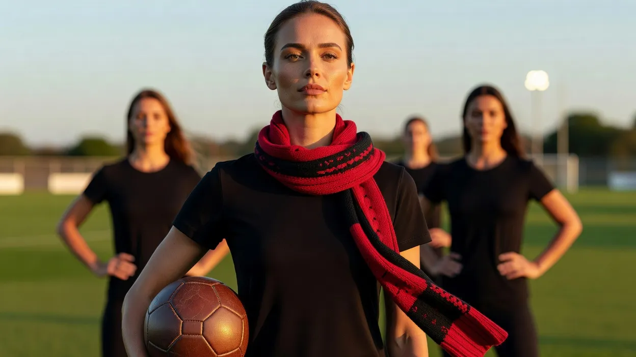 Un groupe de jeunes femmes souriantes en tenue de sport sur un terrain de football, ambiance sportive et complice