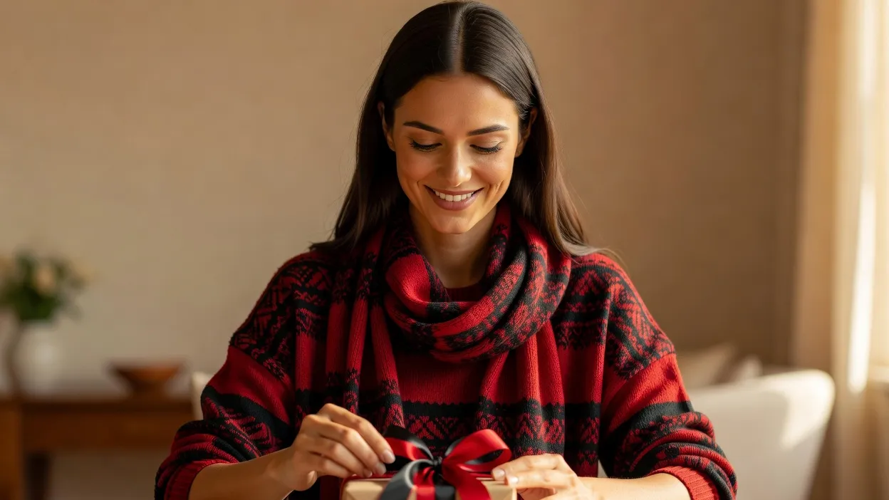 Une femme souriante déballe un cadeau emballé aux couleurs rouge et noir, ambiance chaleureuse et joyeuse