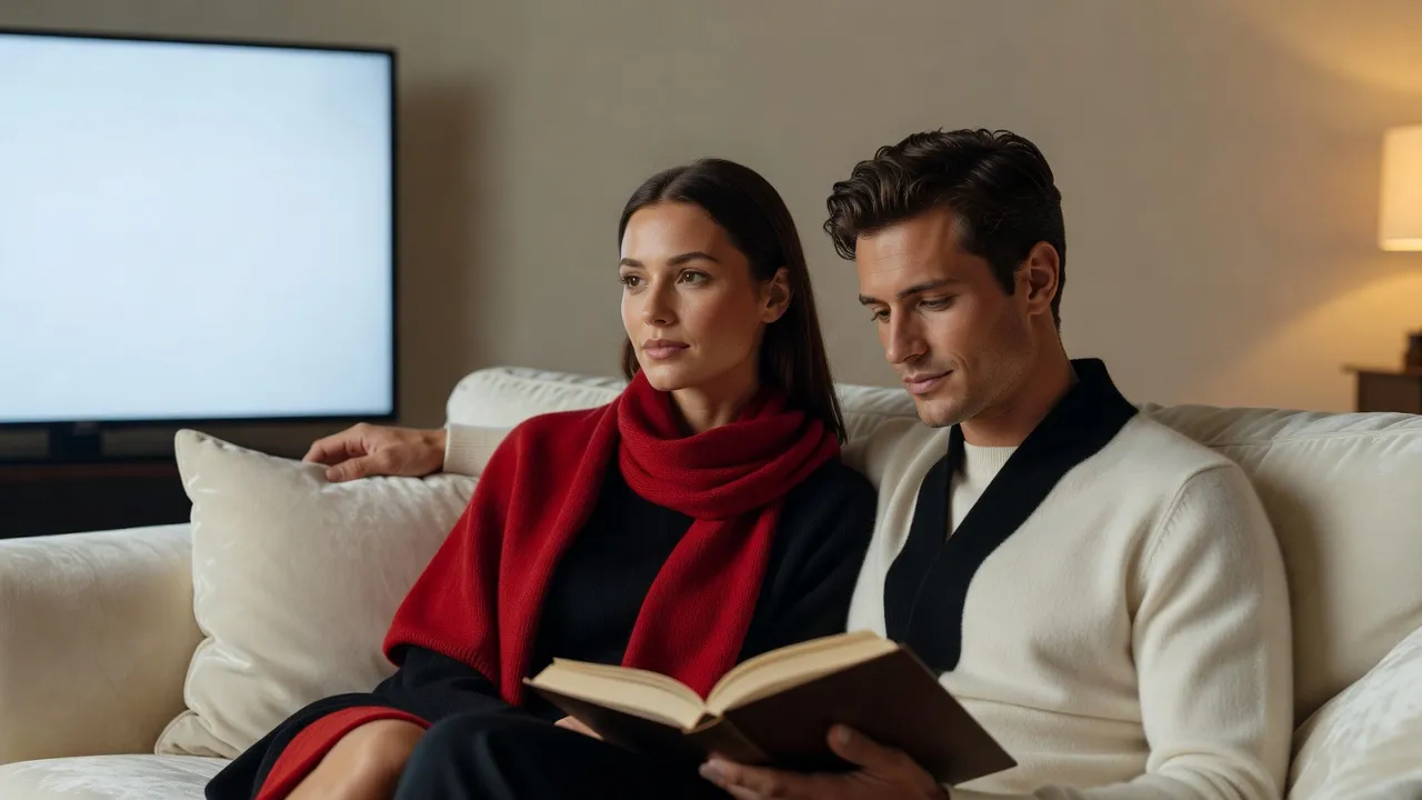 Un couple discute calmement sur un canapé, l'un regarde un match à la télévision, l'autre lit un livre