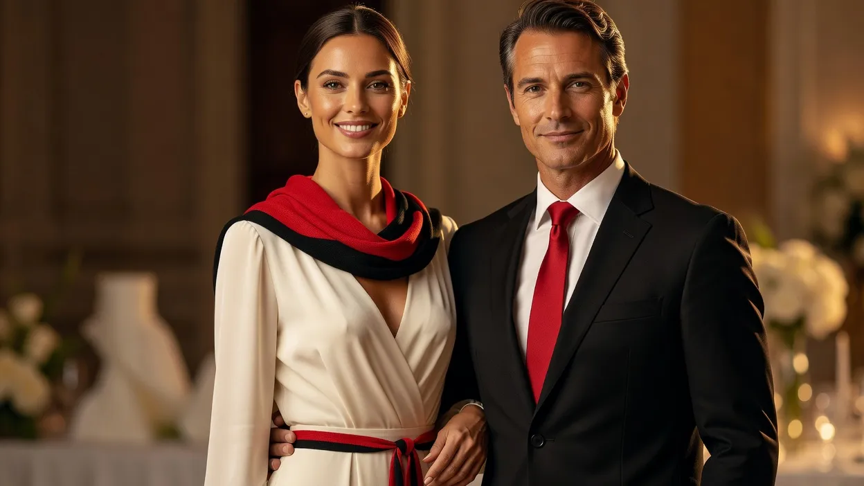 Une table de mariage élégante décorée avec des touches discrètes de rouge et de noir, ambiance chic et chaleureuse