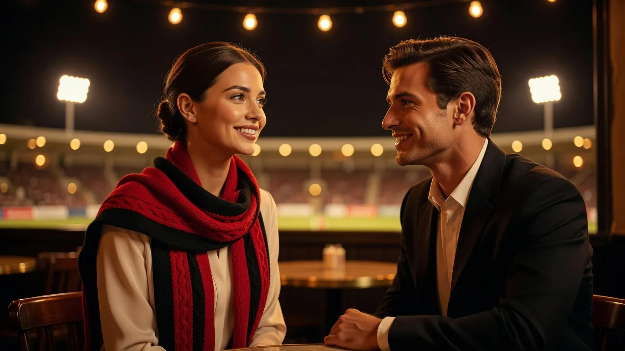 Un couple souriant partage un moment convivial dans un bar qui diffuse un match de football