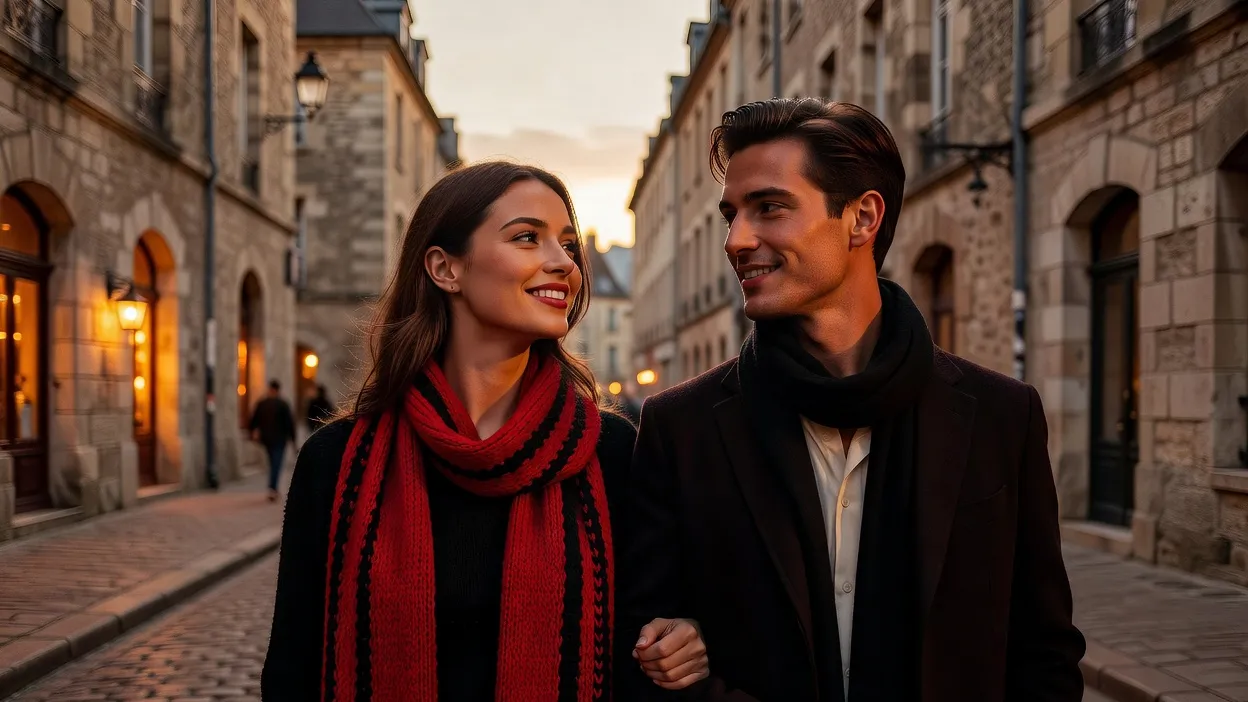 Une supportrice élégante marche dans les rues du centre historique de Rennes au crépuscule, écharpe rouge et noire