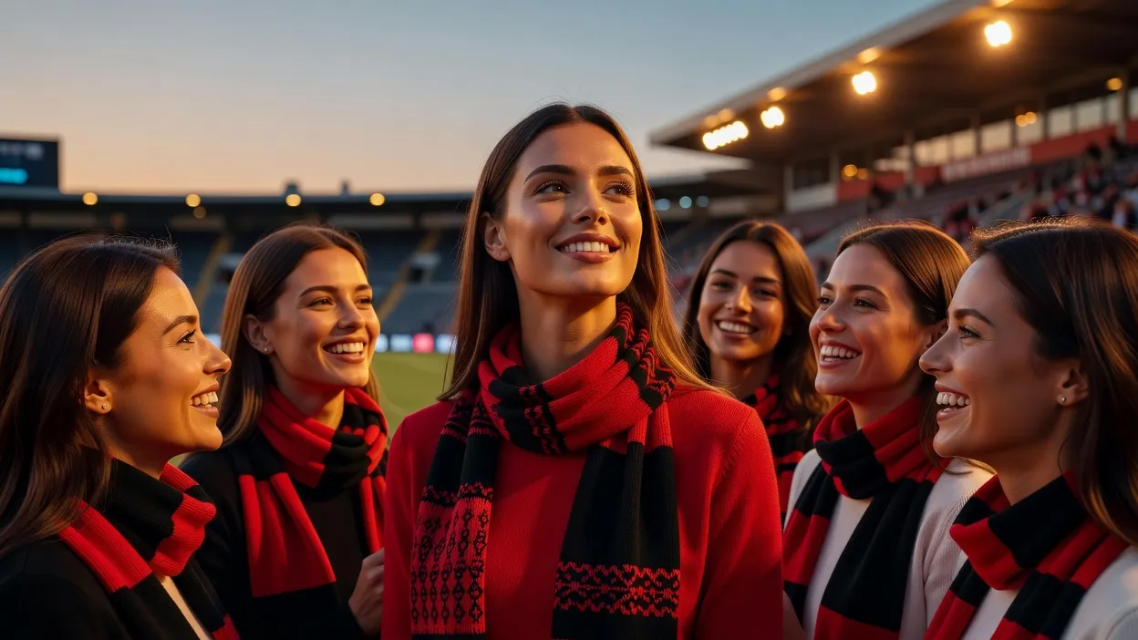 Une supportrice élégante et souriante assise en tribune, écharpe rouge et noire, ambiance chaleureuse de match
