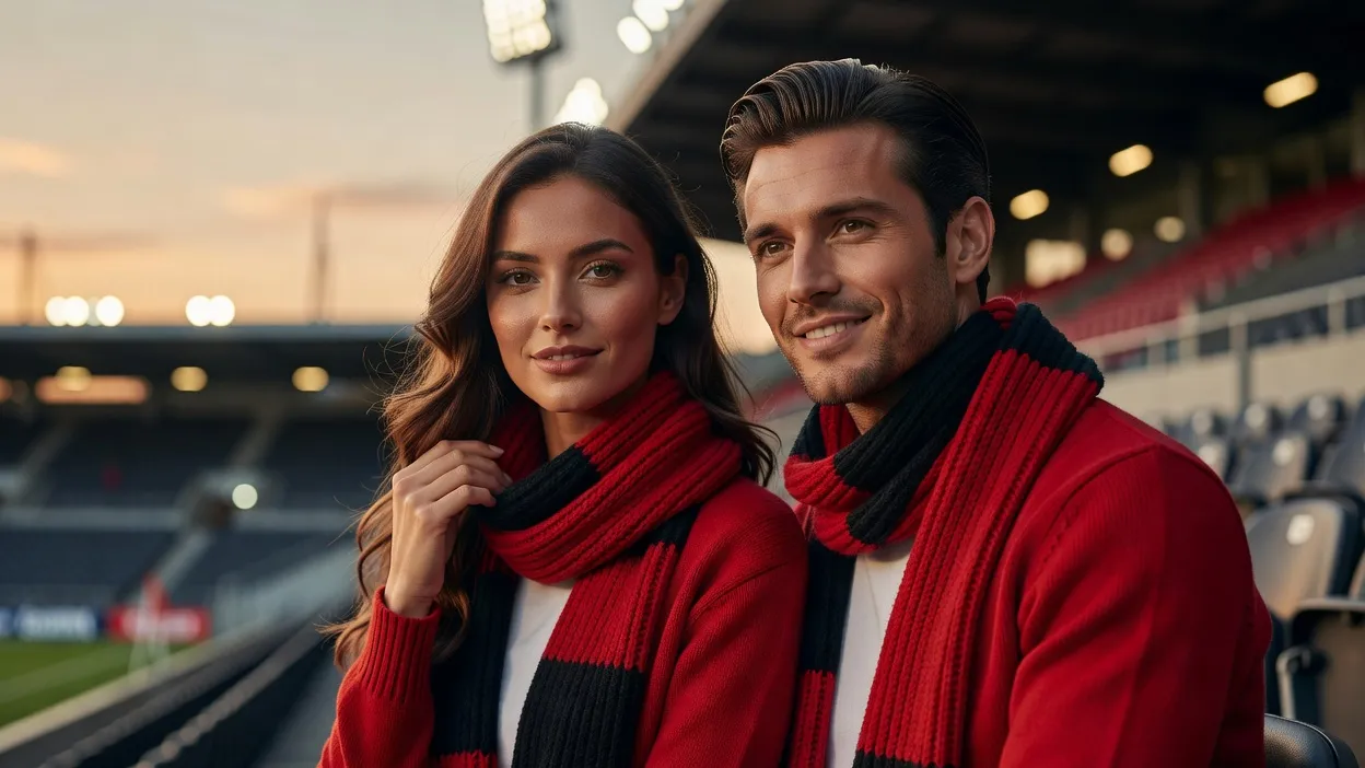 Un couple élégant marche vers un stade au crépuscule, écharpes rouge et noire, ambiance chaleureuse de soir de match